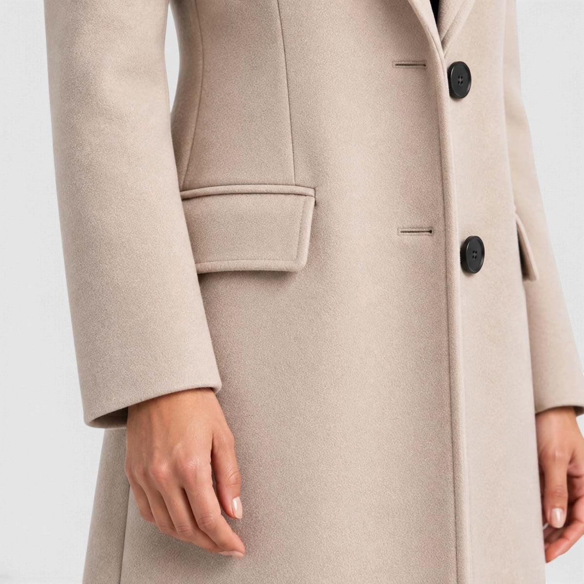 Tailored long coat with notch lapels, two-button front and flap pockets - view 15