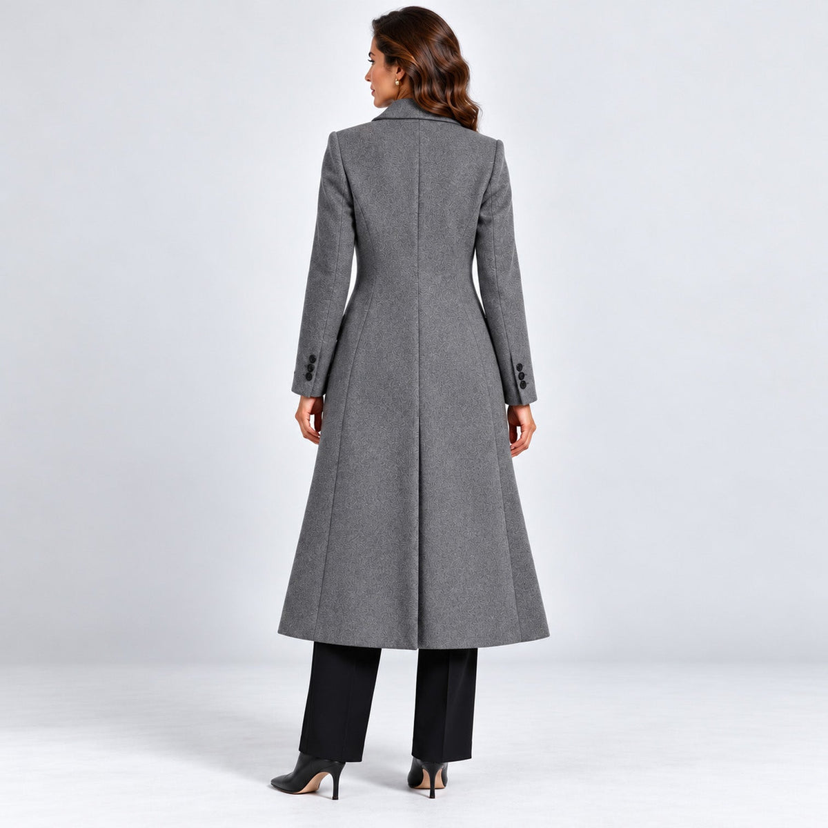 Tailored long coat with notch lapels, two-button front and flap pockets - view 17