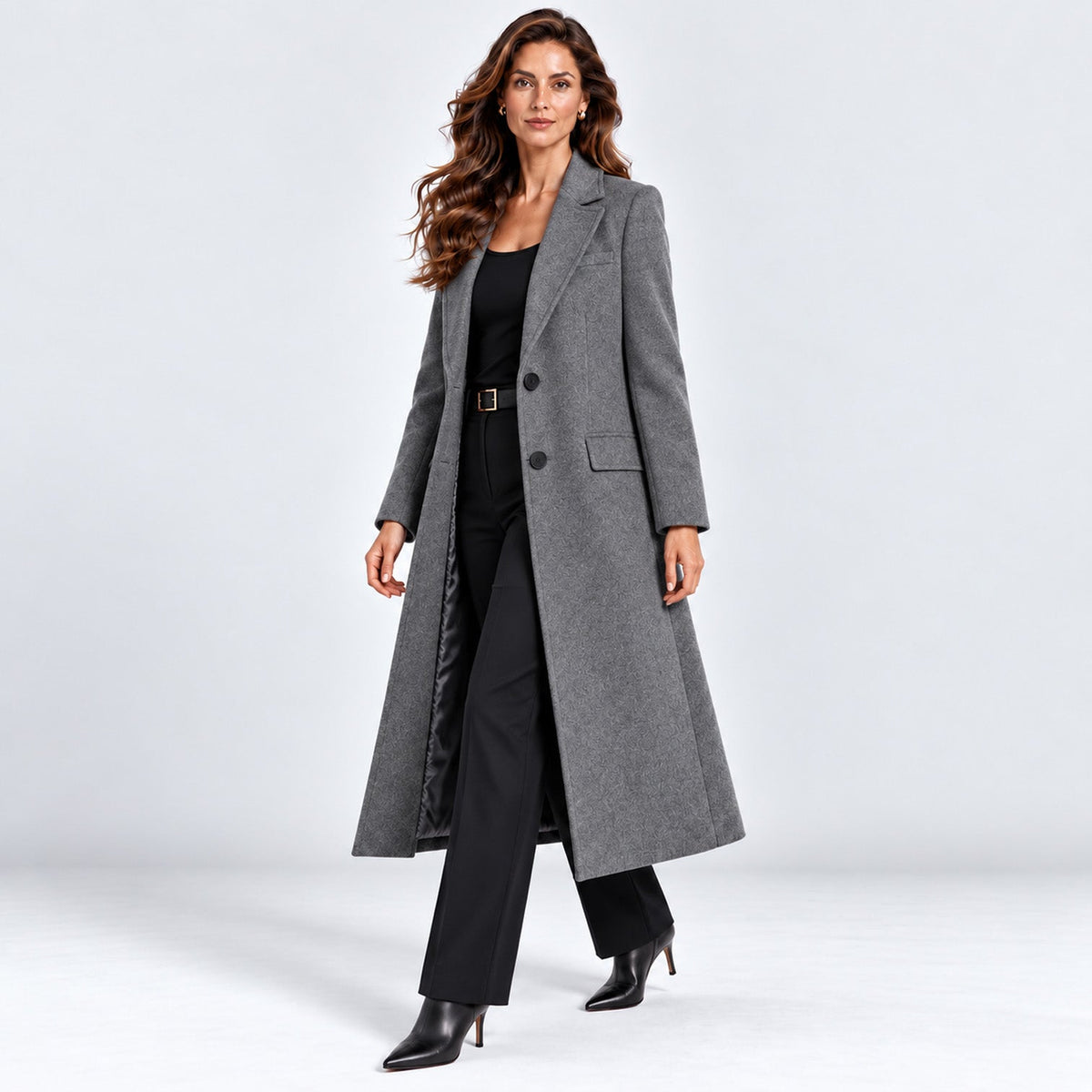 Tailored long coat with notch lapels, two-button front and flap pockets - view 19