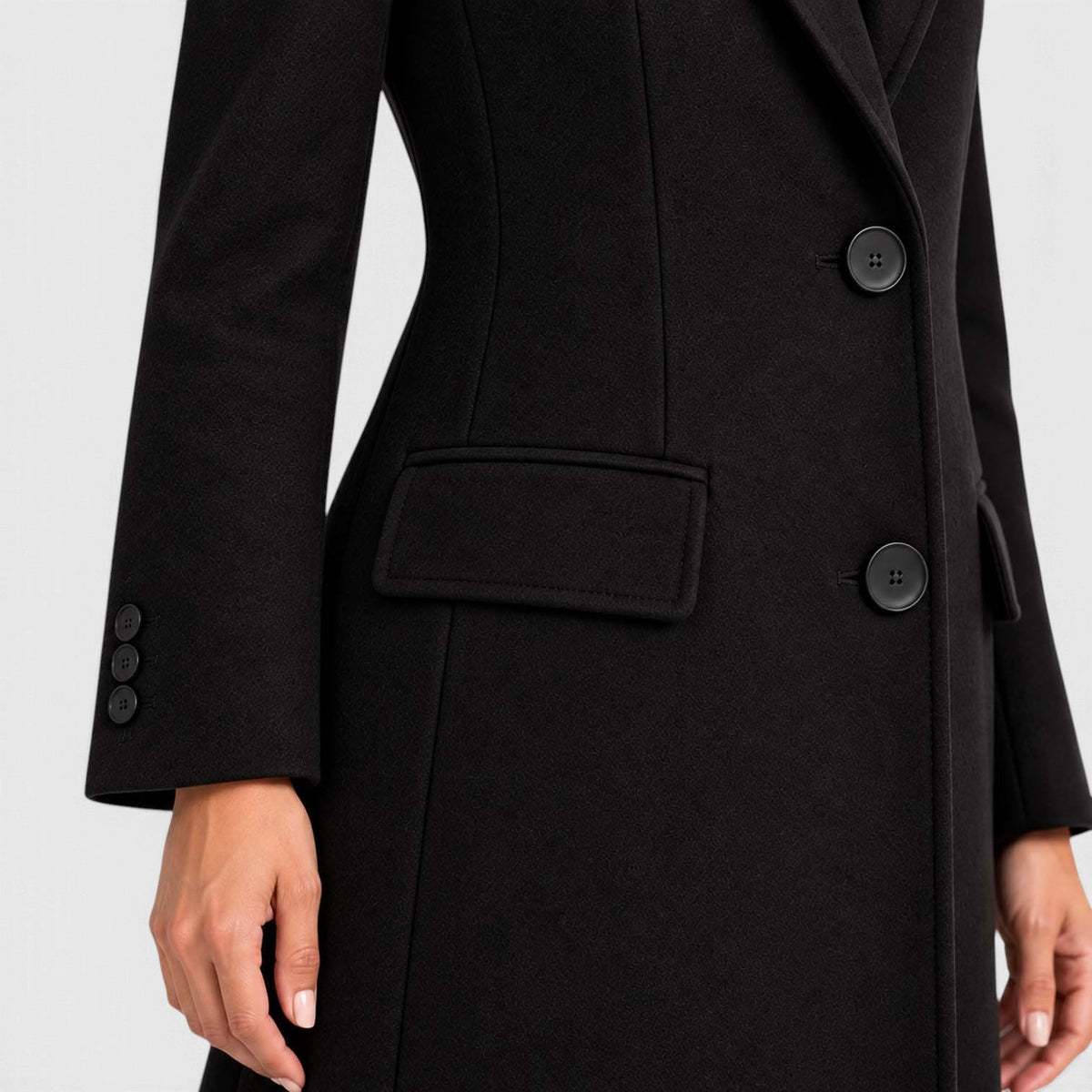 Tailored long coat with notch lapels, two-button front and flap pockets - view 3