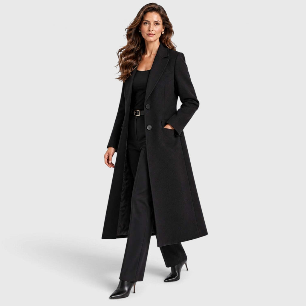 Tailored long coat with notch lapels, two-button front and flap pockets - view 4