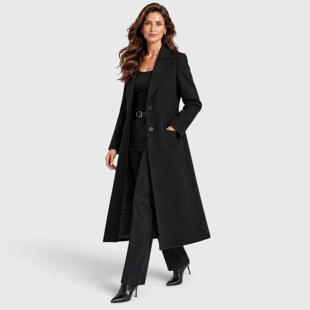 Tailored long coat with notch lapels, two-button front and flap pockets - view 4