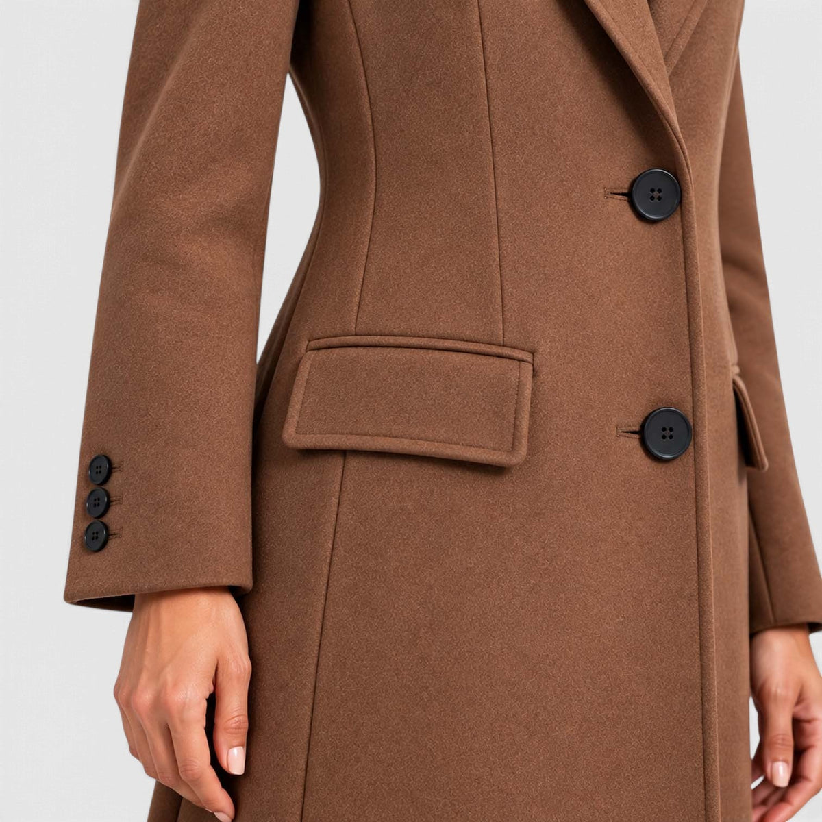 Tailored long coat with notch lapels, two-button front and flap pockets - view 8