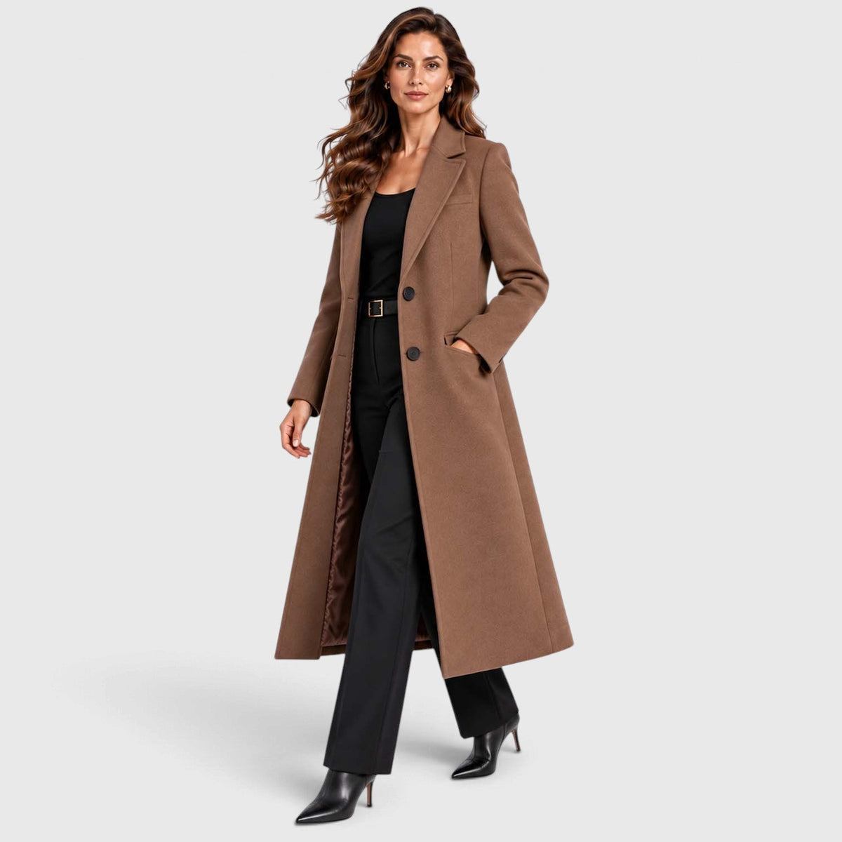 Tailored long coat with notch lapels, two-button front and flap pockets - view 9