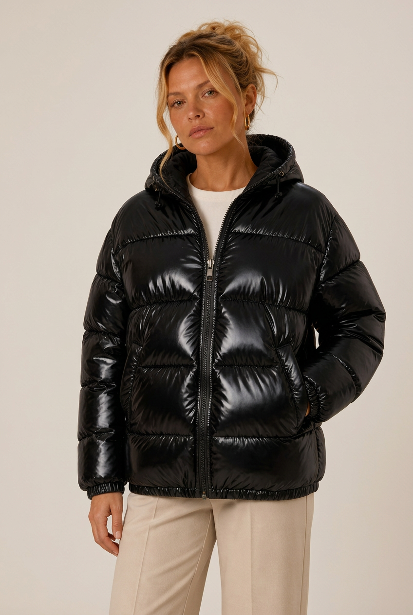 Glossy hooded puffer fall jacket for women with front zip and side pockets