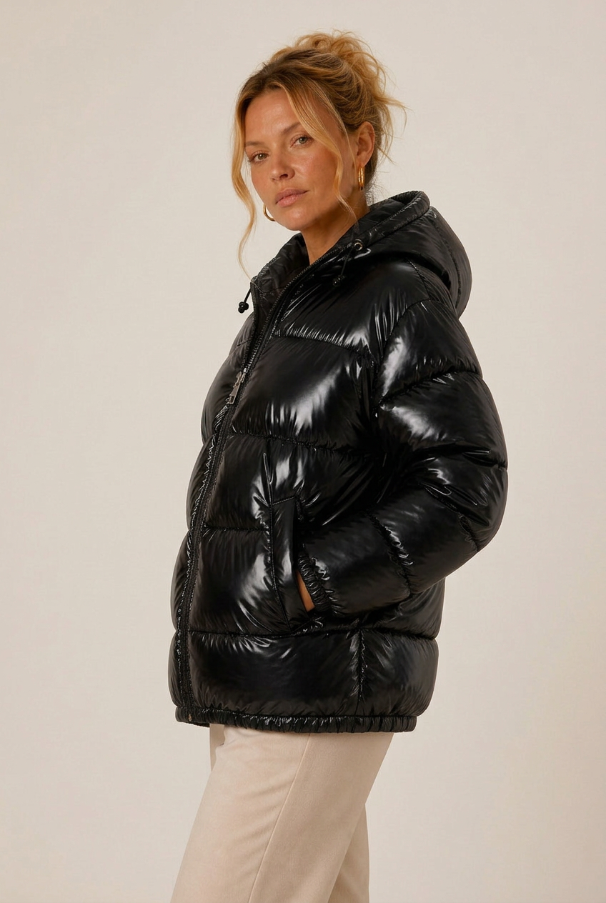 Glossy hooded puffer fall jacket for women with front zip and side pockets - view 2