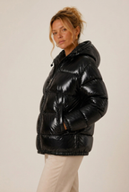 Glossy hooded puffer fall jacket for women with front zip and side pockets - view 2