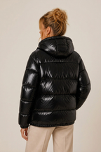 Glossy hooded puffer fall jacket for women with front zip and side pockets - view 3