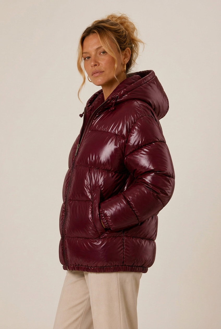 Glossy hooded puffer fall jacket for women with front zip and side pockets - view 5