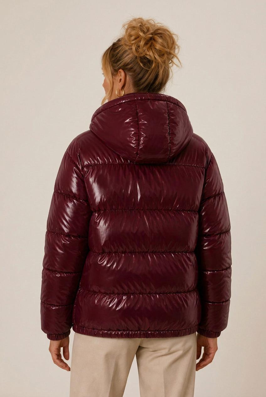 Glossy hooded puffer fall jacket for women with front zip and side pockets - view 6