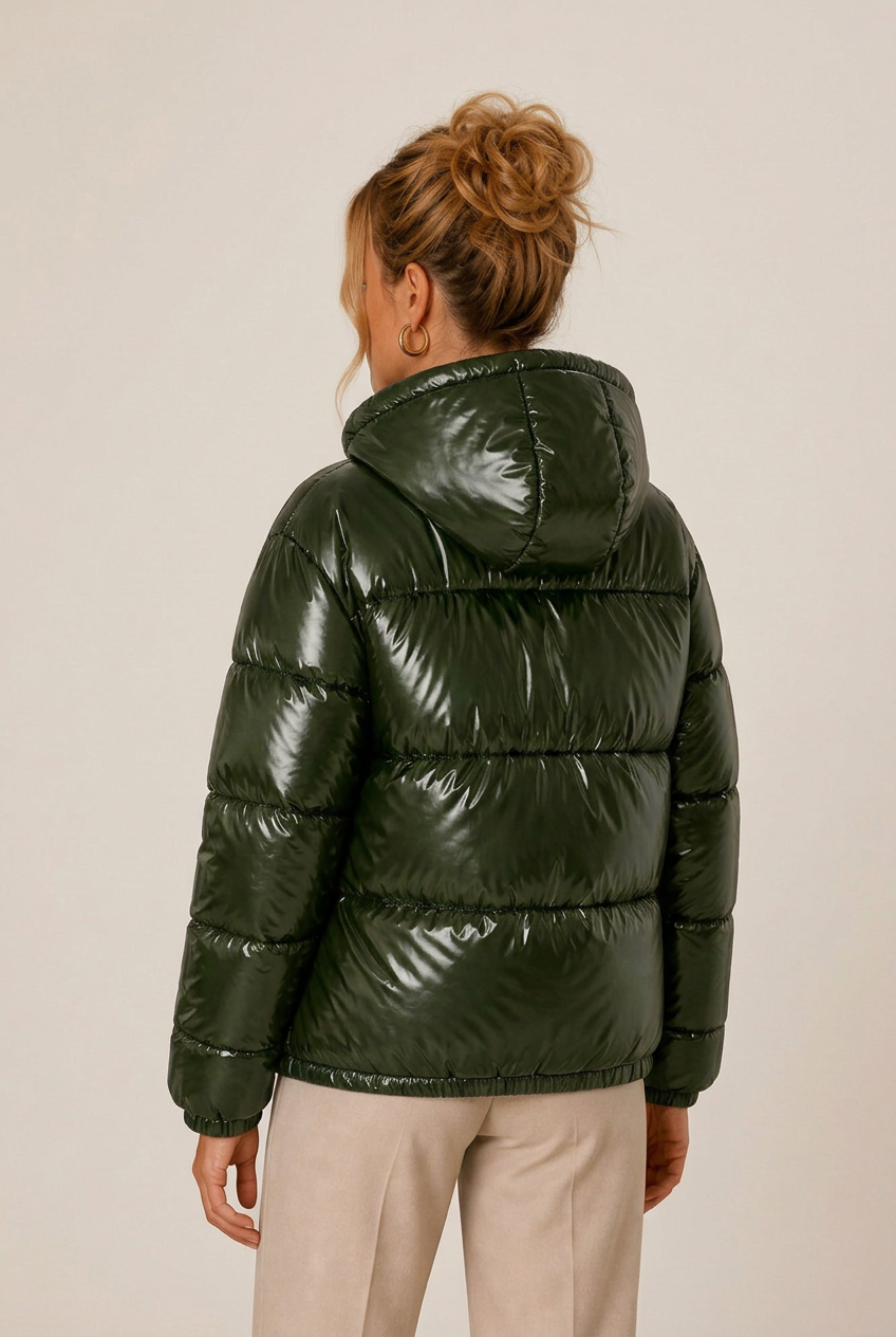 Glossy hooded puffer fall jacket for women with front zip and side pockets - view 9