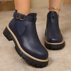 Women's leather-look Chelsea ankle boots with gold buckle strap and lug sole