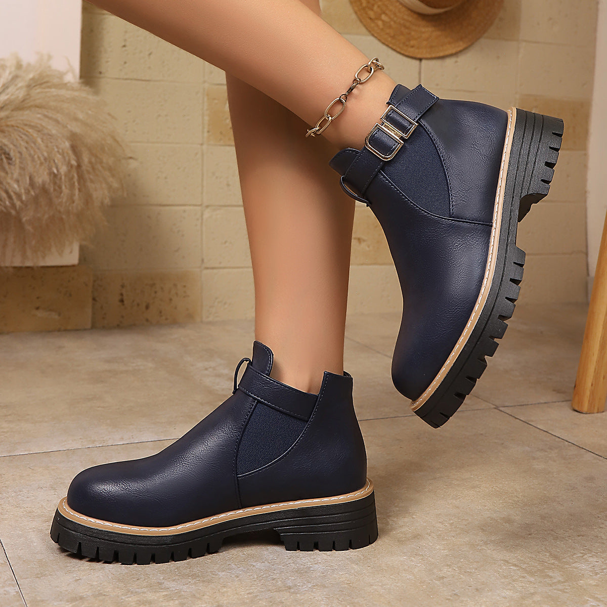Women's leather-look Chelsea ankle boots with gold buckle strap and lug sole - view 3