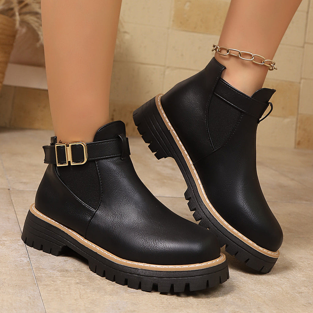 Women's leather-look Chelsea ankle boots with gold buckle strap and lug sole - view 4