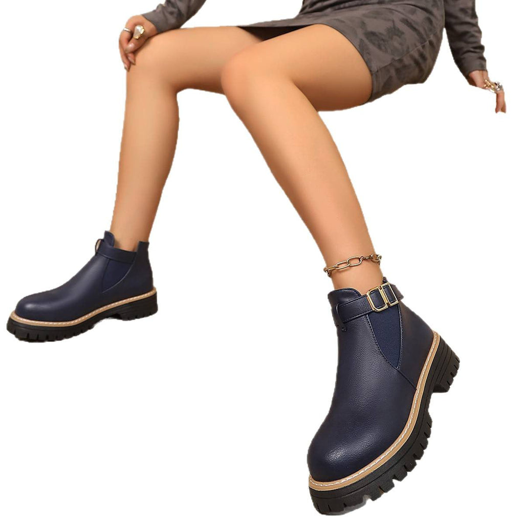 Women's leather-look Chelsea ankle boots with gold buckle strap and lug sole - view 5