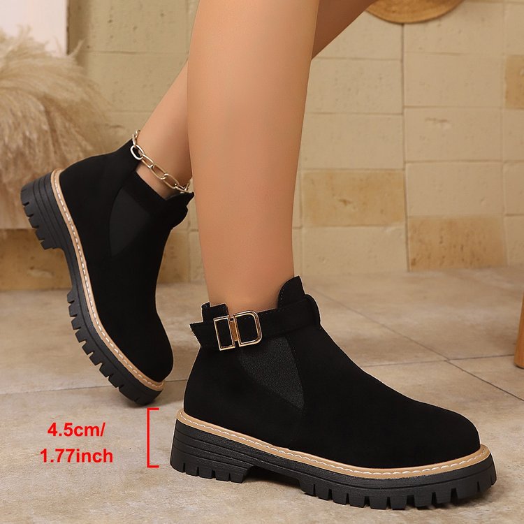 Women's leather-look Chelsea ankle boots with gold buckle strap and lug sole - view 6