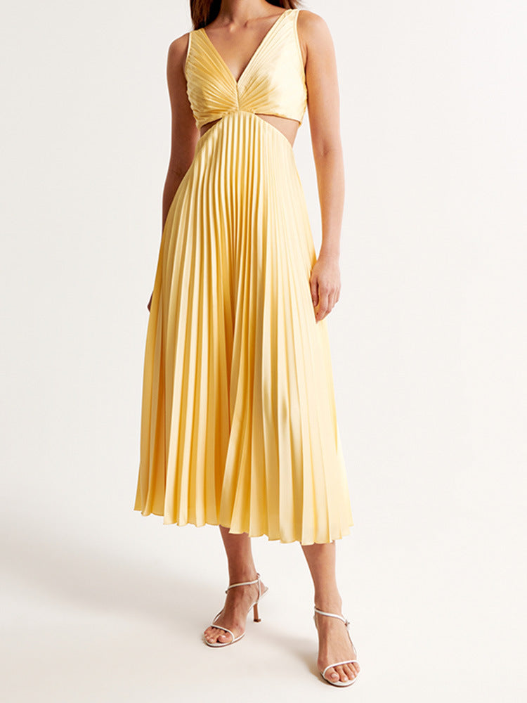 Yellow pleated satin A-line dress with V-neck and waist cutouts - view 3