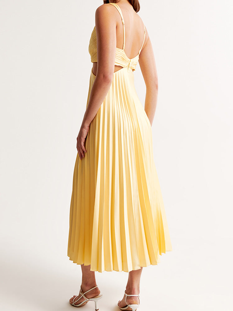 Yellow pleated satin A-line dress with V-neck and waist cutouts - view 4