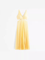 Yellow pleated satin A-line dress with V-neck and waist cutouts - view 6