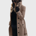 Longline winter coat with high stand collar, button front and belted waist