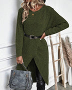 Chunky rib knit sweater dress with round neck, long sleeves and crossover wrap hem