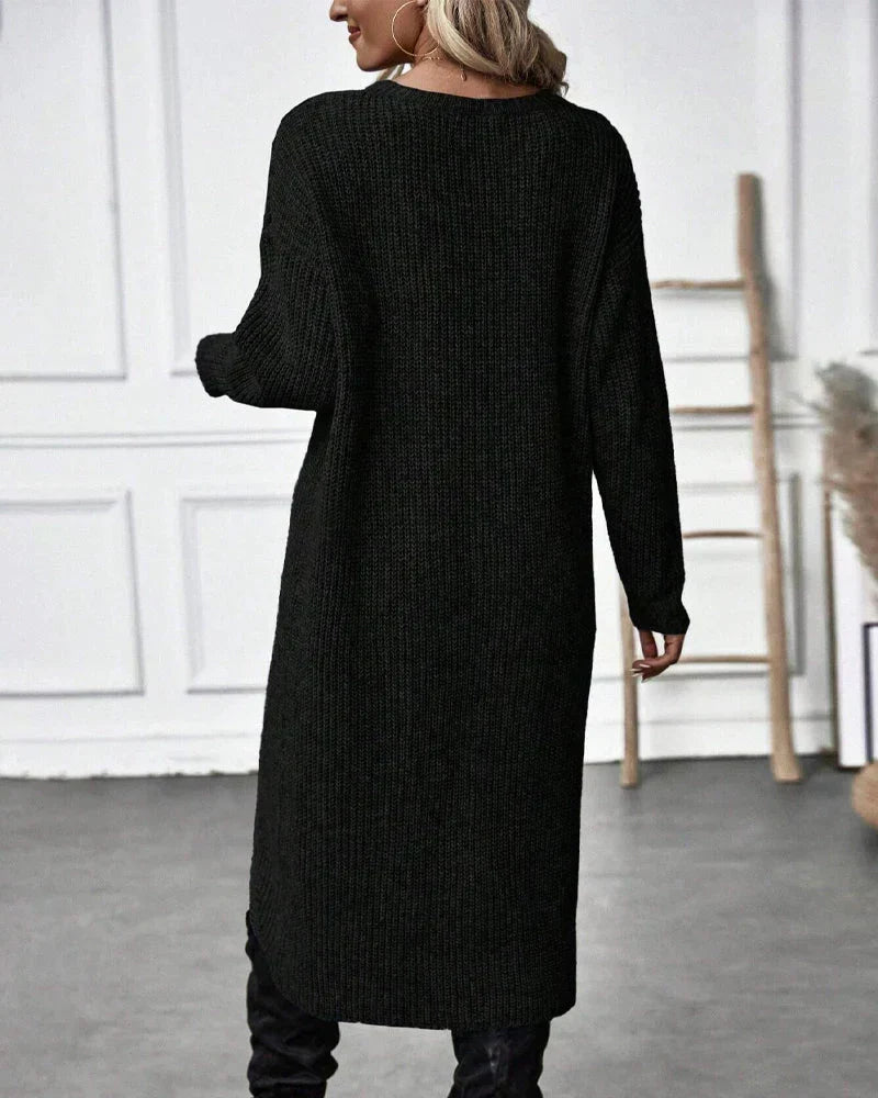 Chunky rib knit sweater dress with round neck, long sleeves and crossover wrap hem - view 10
