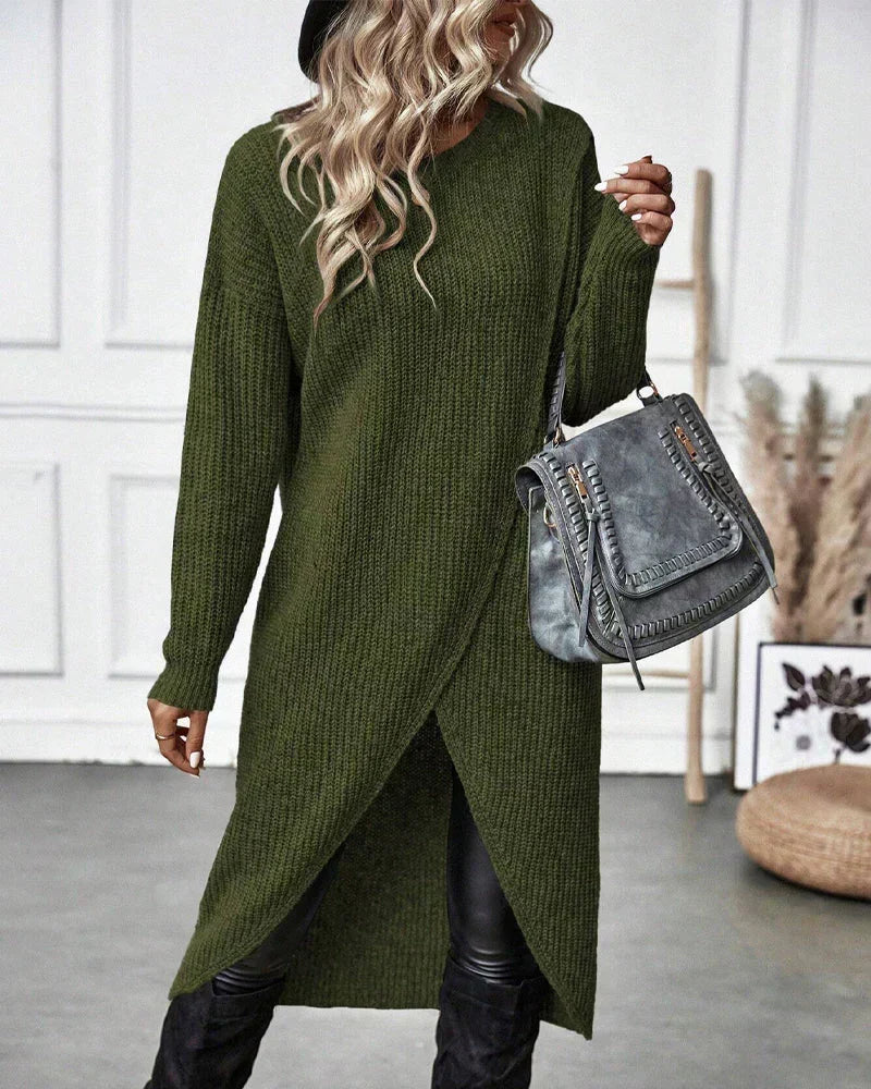 Chunky rib knit sweater dress with round neck, long sleeves and crossover wrap hem - view 2
