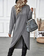 Chunky rib knit sweater dress with round neck, long sleeves and crossover wrap hem - view 5