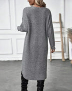 Chunky rib knit sweater dress with round neck, long sleeves and crossover wrap hem - view 6