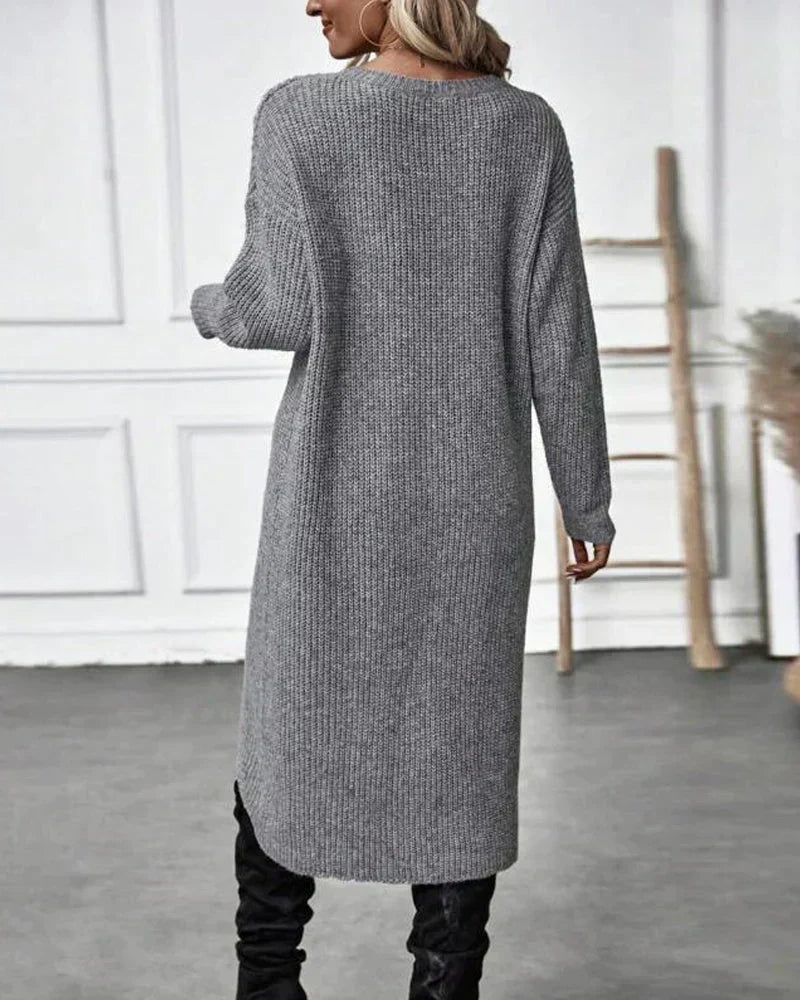 Chunky rib knit sweater dress with round neck, long sleeves and crossover wrap hem - view 6