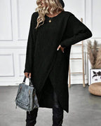 Chunky rib knit sweater dress with round neck, long sleeves and crossover wrap hem - view 8