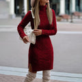 Women turtleneck dress in cable knit with long sleeves, ribbed hem and side slit, worn with tall boots