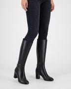 Side zip knee high boots with block heel and round toe for women