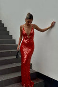 Kira red sequin maxi dress with plunging V-neck and spaghetti straps
