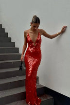 Kira red sequin maxi dress with plunging V-neck and spaghetti straps