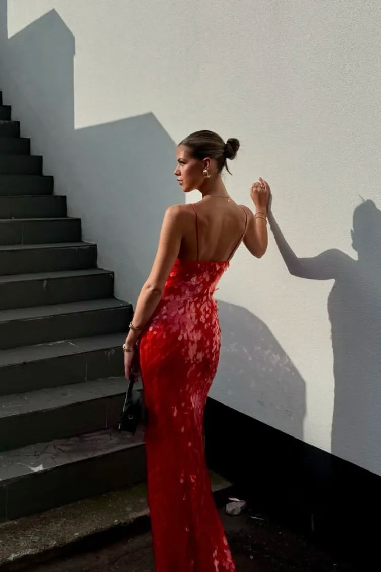 Kira red sequin maxi dress with plunging V-neck and spaghetti straps - view 2
