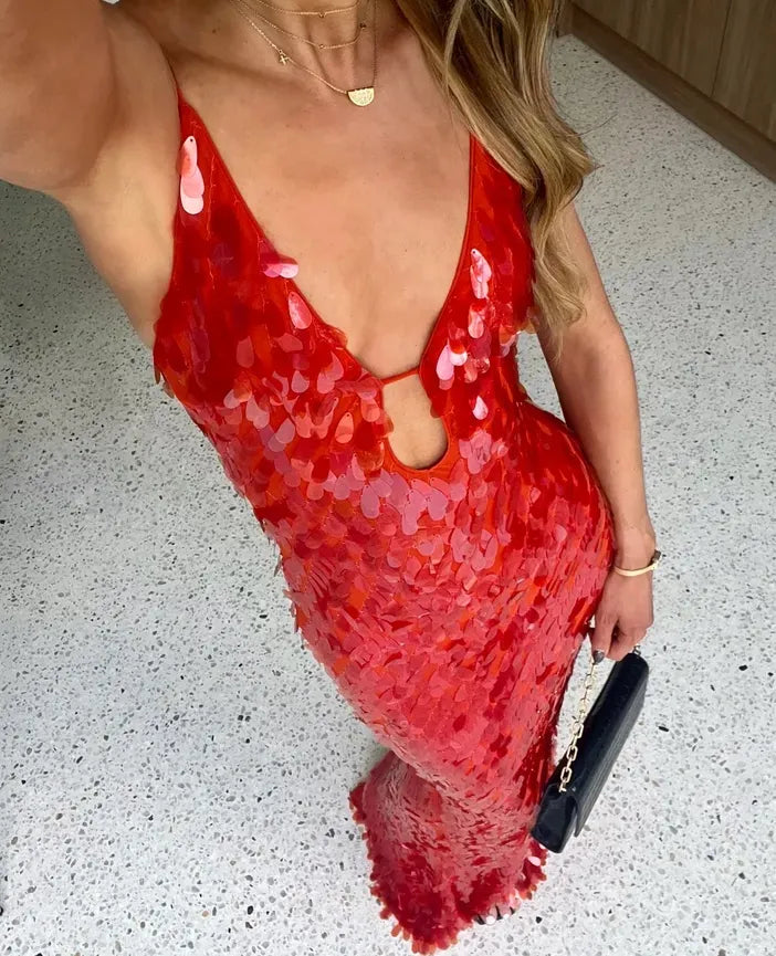 Kira red sequin maxi dress with plunging V-neck and spaghetti straps - view 3