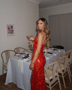 Kira red sequin maxi dress with plunging V-neck and spaghetti straps - view 5