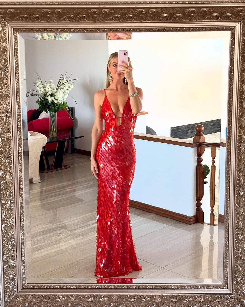 Kira red sequin maxi dress with plunging V-neck and spaghetti straps - view 6