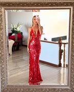 Kira red sequin maxi dress with plunging V-neck and spaghetti straps - view 6