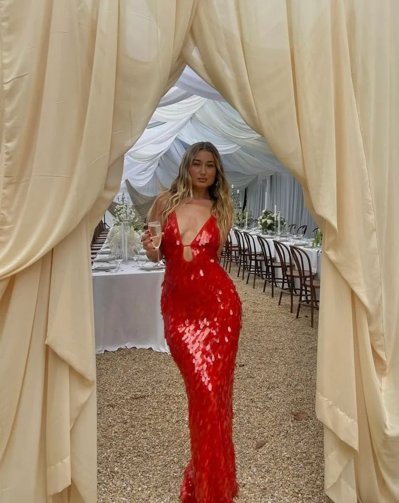 Kira red sequin maxi dress with plunging V-neck and spaghetti straps - view 7