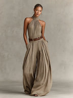 Autumn | Women's Taupe Cotton-Blend Jumpsuit With Halter Neck & Wide-Leg Silhouette oaklynwear