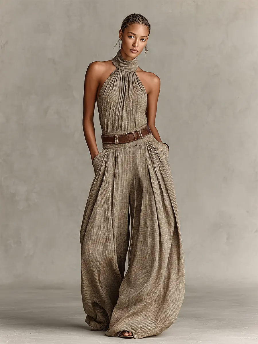 Autumn | Women's Taupe Cotton-Blend Jumpsuit With Halter Neck & Wide-Leg Silhouette oaklynwear