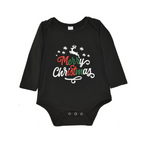 Family wearing matching black Merry Christmas tees and reindeer print jogger pajamas by a Christmas tree - view 7