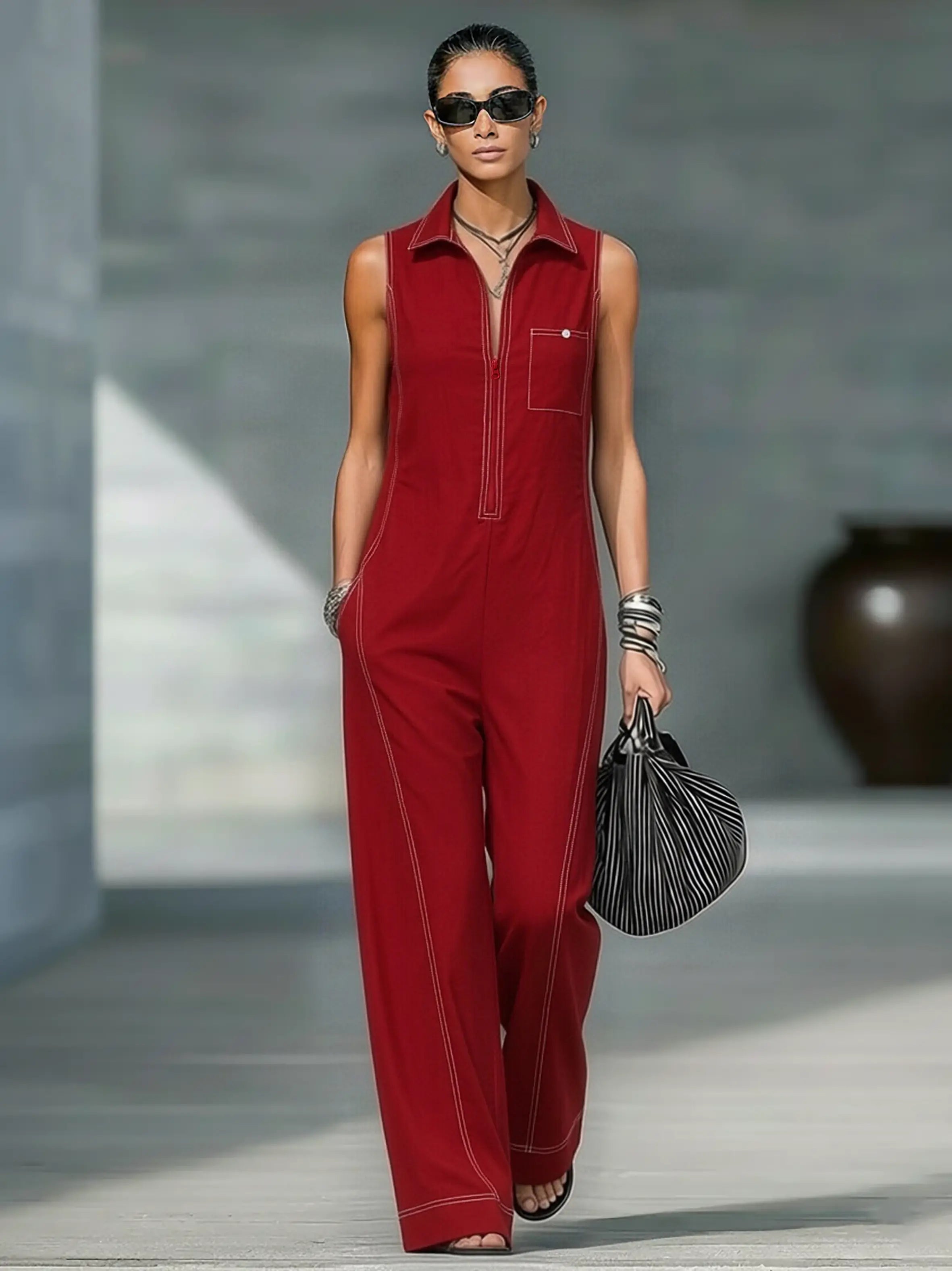 Fiona | Women's Minimalist Loose-Fitting White Trim Sleeveless Jumpsuit oaklynwear