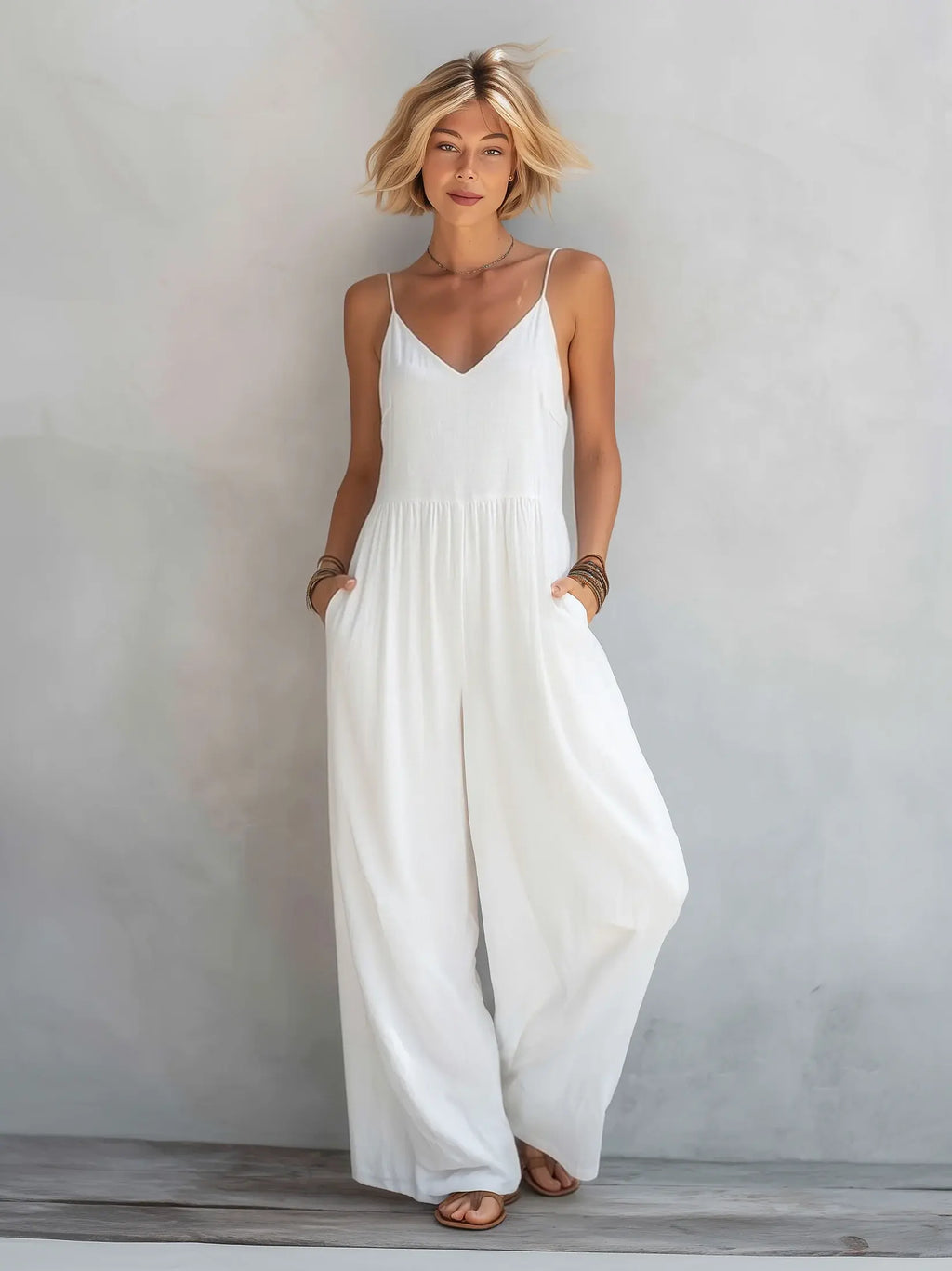 June| Women's Casual White Cotton-Linen Blend Sleeveless Loose Jumpsuit oaklynwear