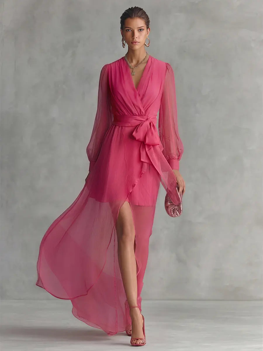 Rosalie | Women's Elegant Rose Pink Pearl Chiffon V-Neck Tie-Waist Long Dress oaklynwear