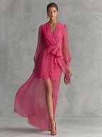 Rosalie | Women's Elegant Rose Pink Pearl Chiffon V-Neck Tie-Waist Long Dress oaklynwear