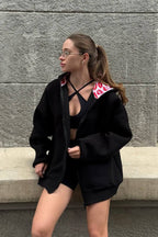 Oversized hooded zip sweatshirt with red lip graphic on the back - view 7