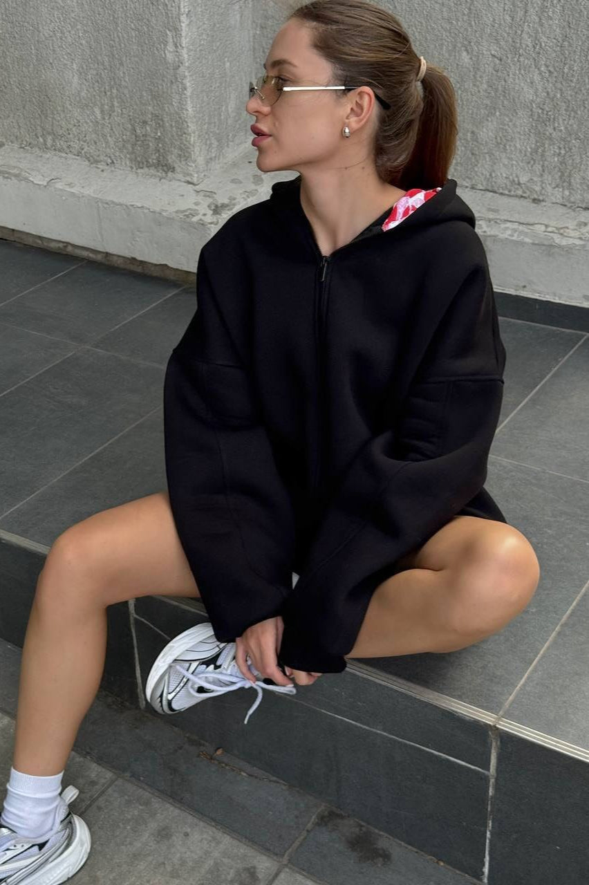 Oversized hooded zip sweatshirt with red lip graphic on the back - view 9